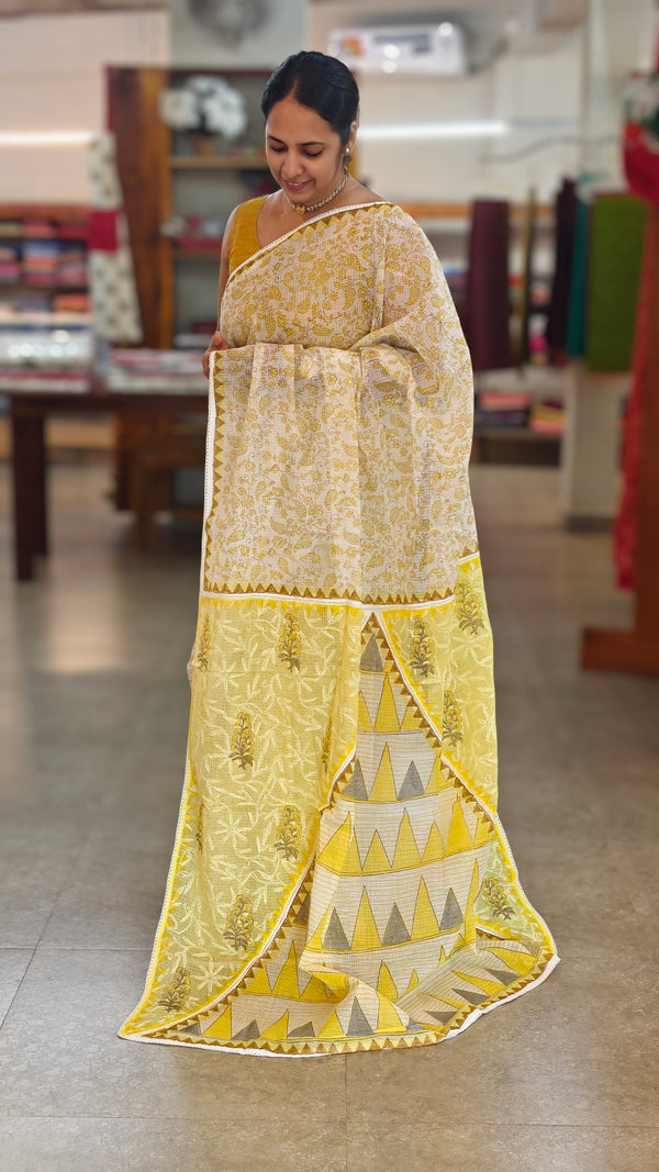 Yellow block printed saree with chikankari palla