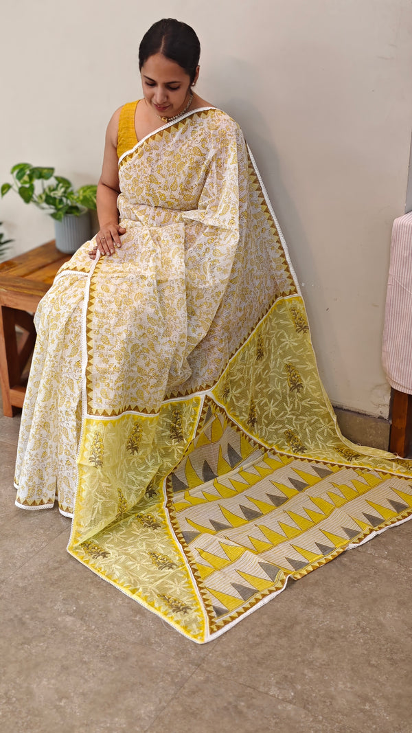 Yellow block printed saree with chikankari palla