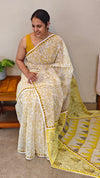 Yellow block printed saree with chikankari palla