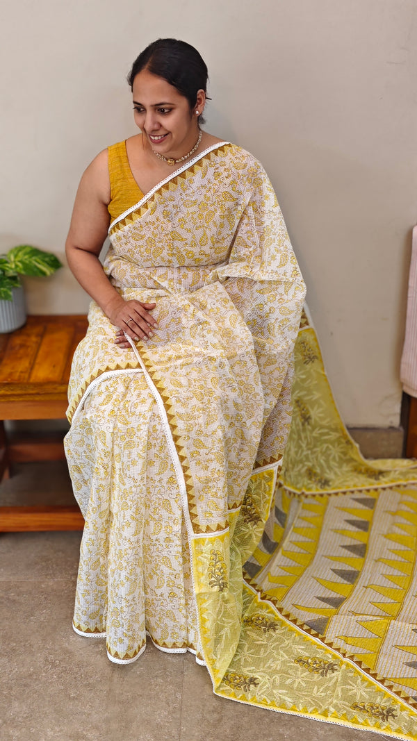 Yellow block printed saree with chikankari palla