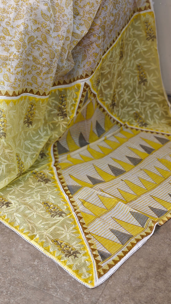 Yellow block printed saree with chikankari palla