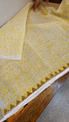 Yellow block printed saree with chikankari palla
