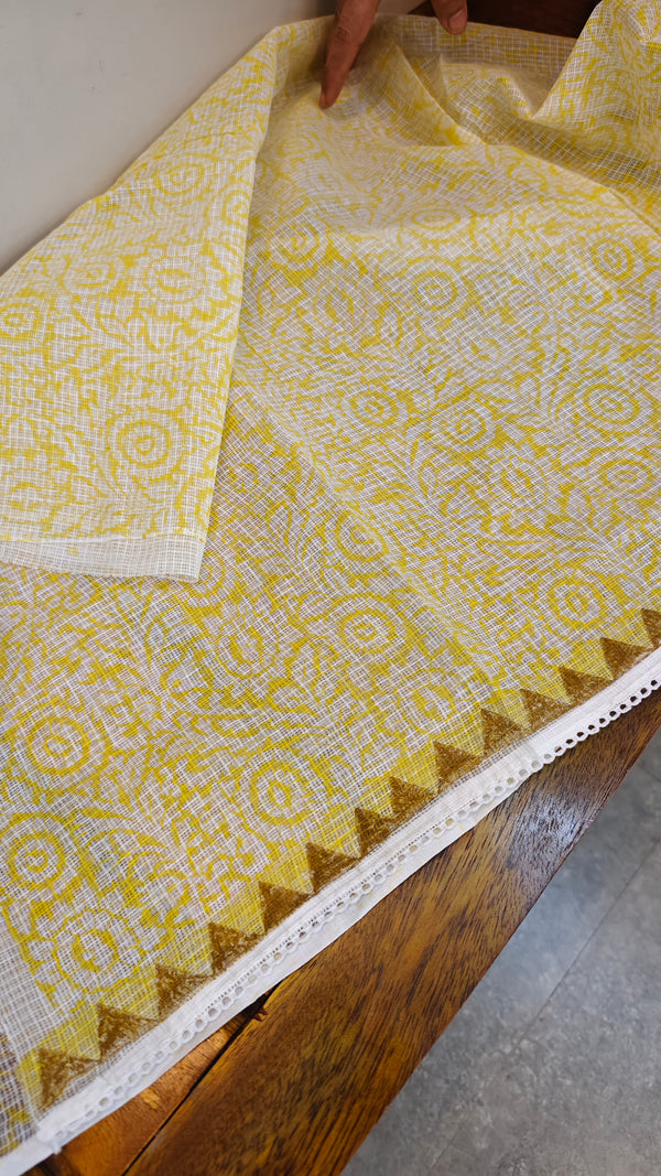 Yellow block printed saree with chikankari palla