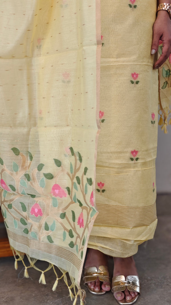 Yellow linen chanderi jamdani suit