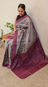 RT33 - Grey and wine block printed tussar silk saree