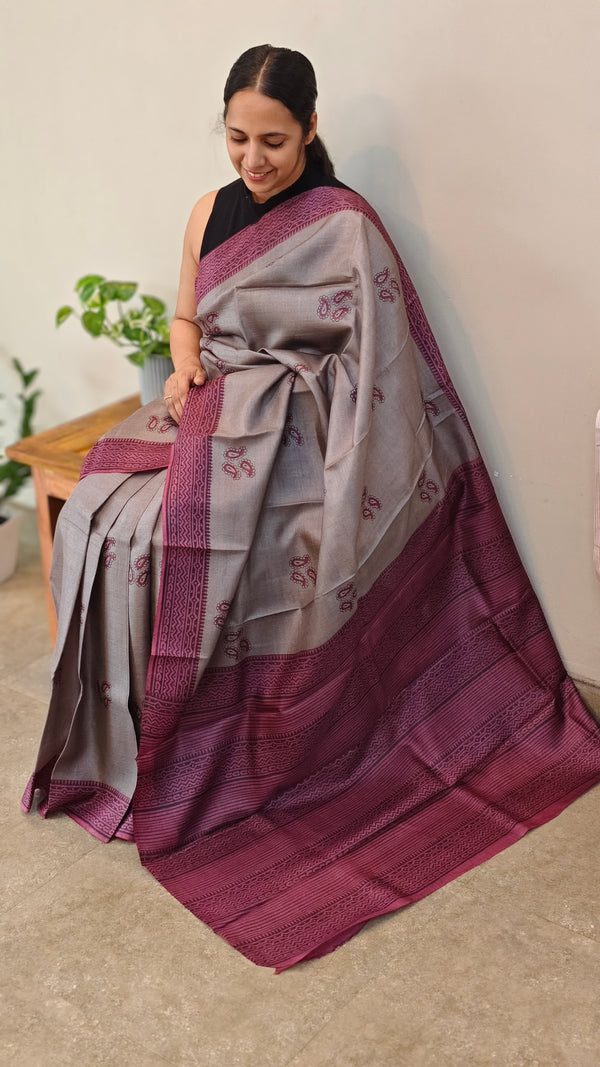 RT33 - Grey and wine block printed tussar silk saree