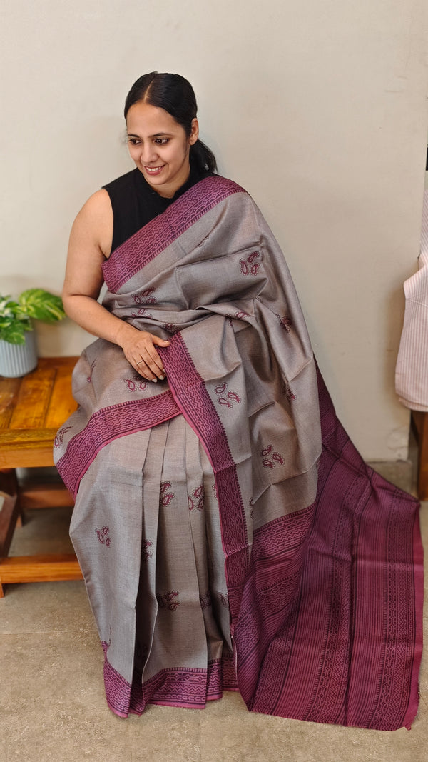 RT33 - Grey and wine block printed tussar silk saree
