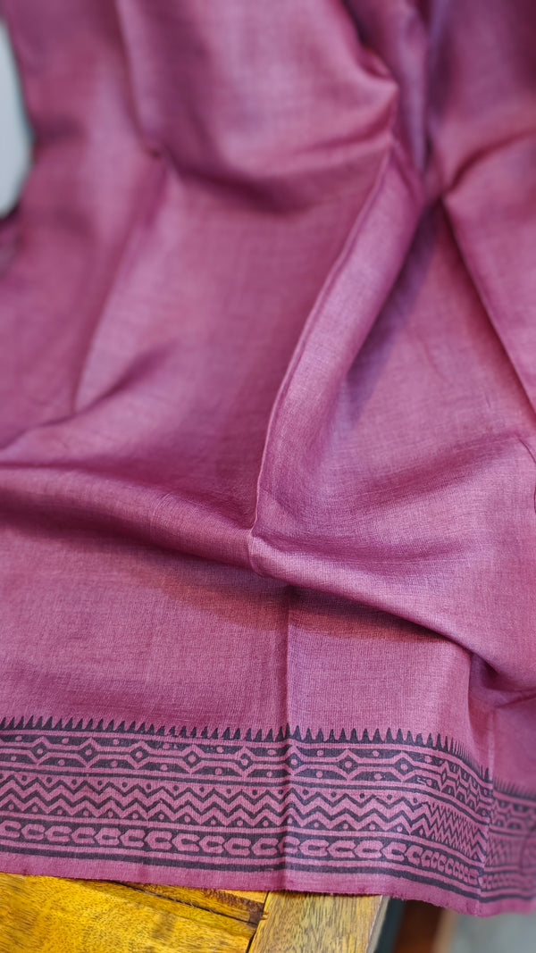 RT33 - Grey and wine block printed tussar silk saree