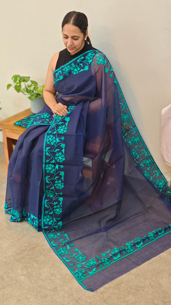 Navy blue moonga kota embroidered saree
