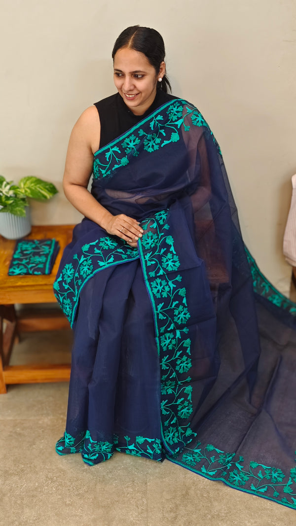 Navy blue moonga kota embroidered saree