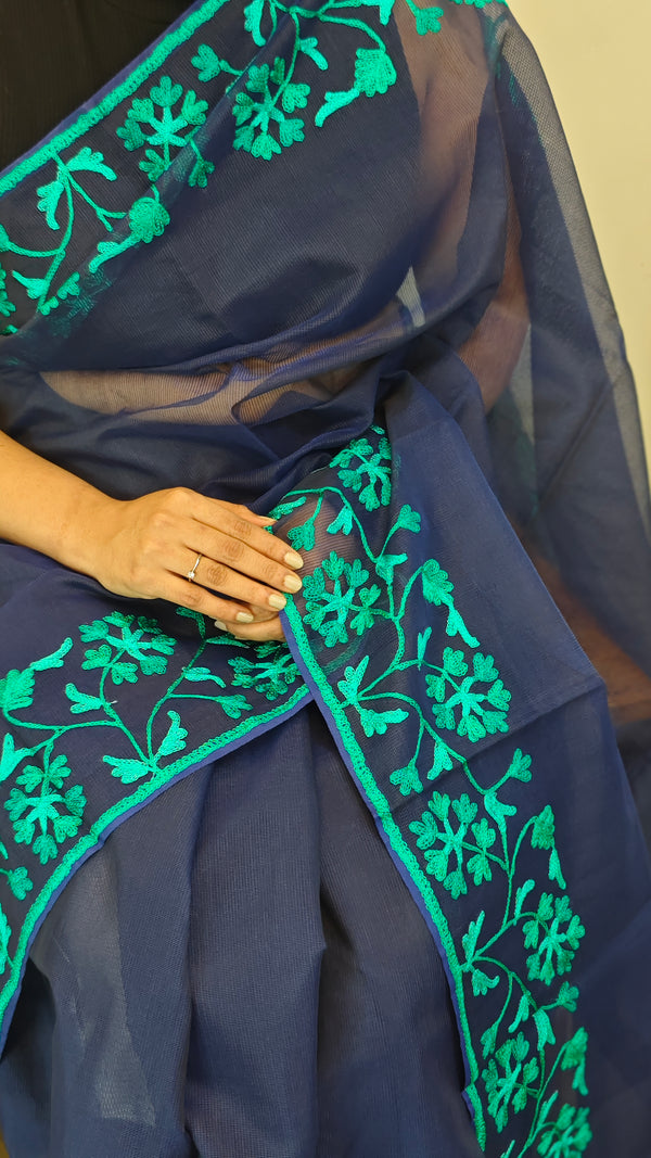Navy blue moonga kota embroidered saree