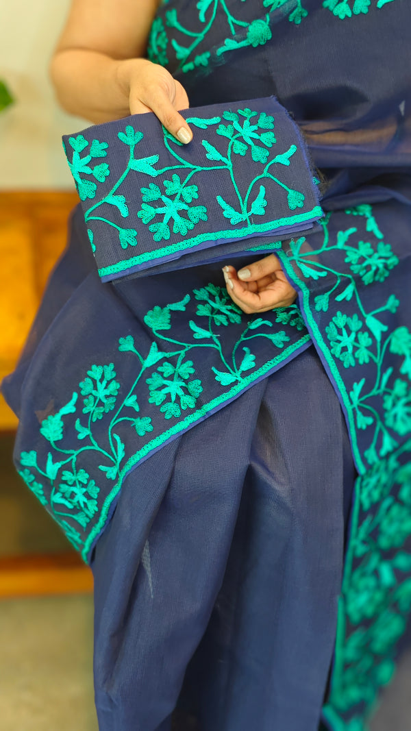 Navy blue moonga kota embroidered saree