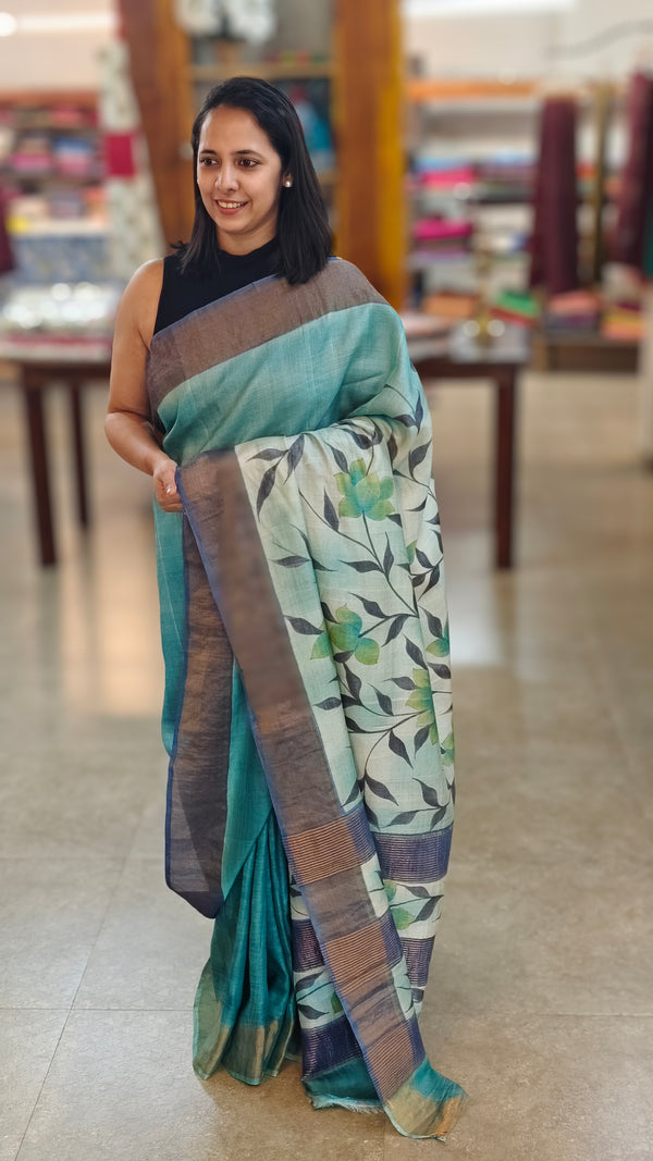 Aqua green tussar silk saree