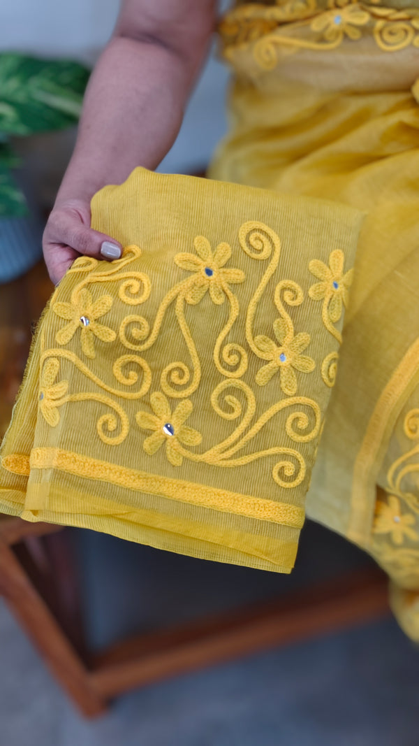 Yellow net kota embroidered saree