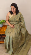 Olive green moonga tussar embroidered saree