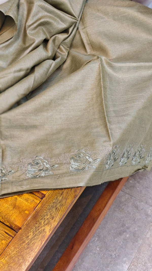 Olive green moonga tussar embroidered saree