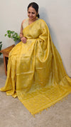 Yellow checked tussar embroidered saree