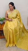 Yellow checked tussar embroidered saree