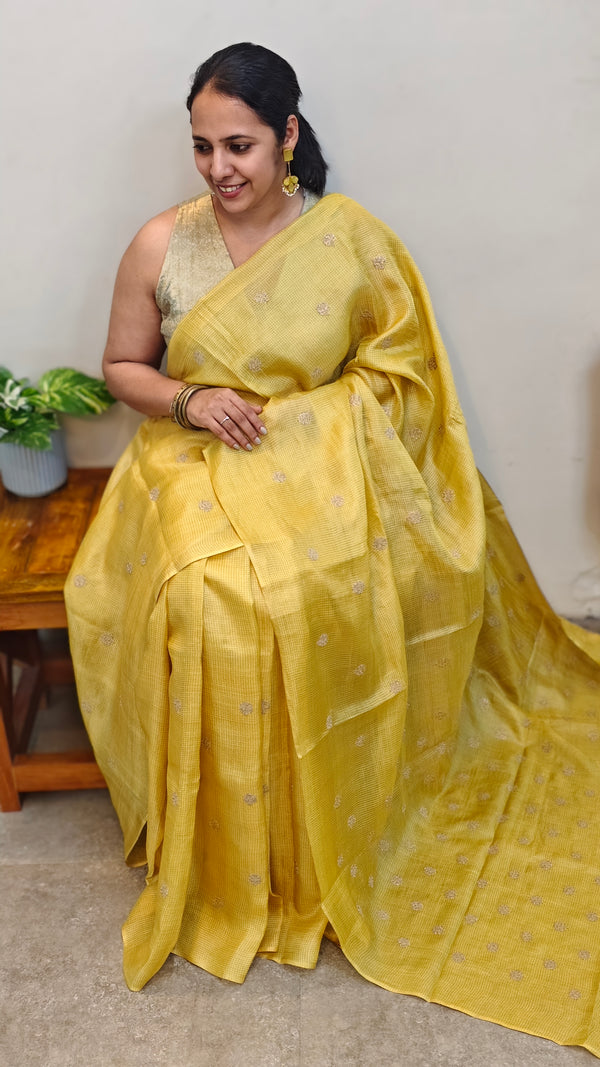 Yellow checked tussar embroidered saree