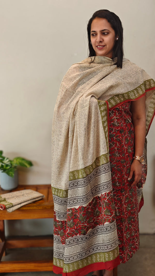 Brick red and Beige Block printed cotton suit