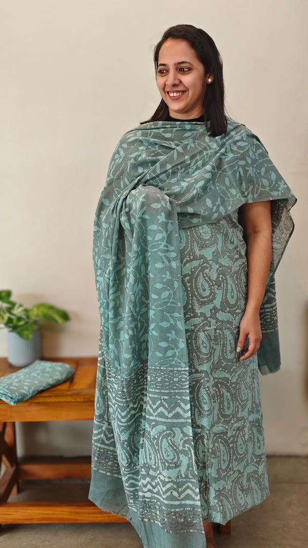 Grey and teal cotton Block printed suit
