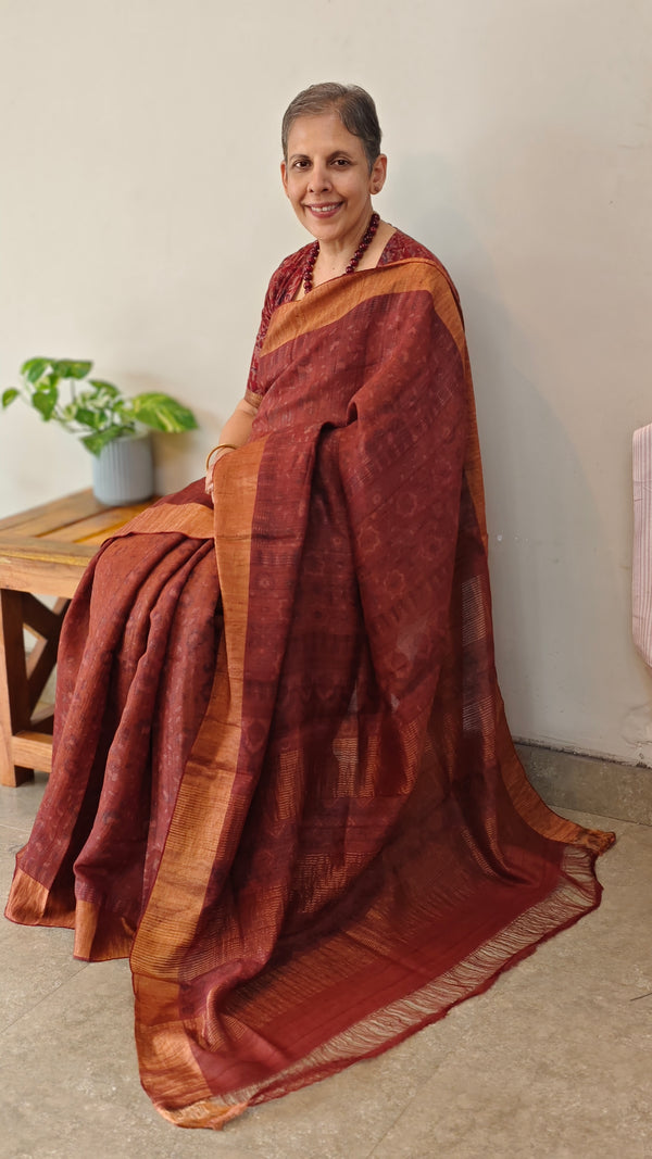 Rust shade ajrakh printed tussar silk saree - SB01