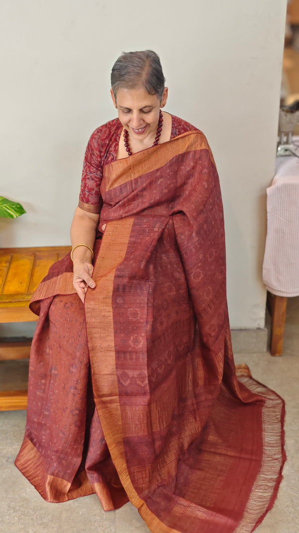 Rust shade ajrakh printed tussar silk saree - SB01
