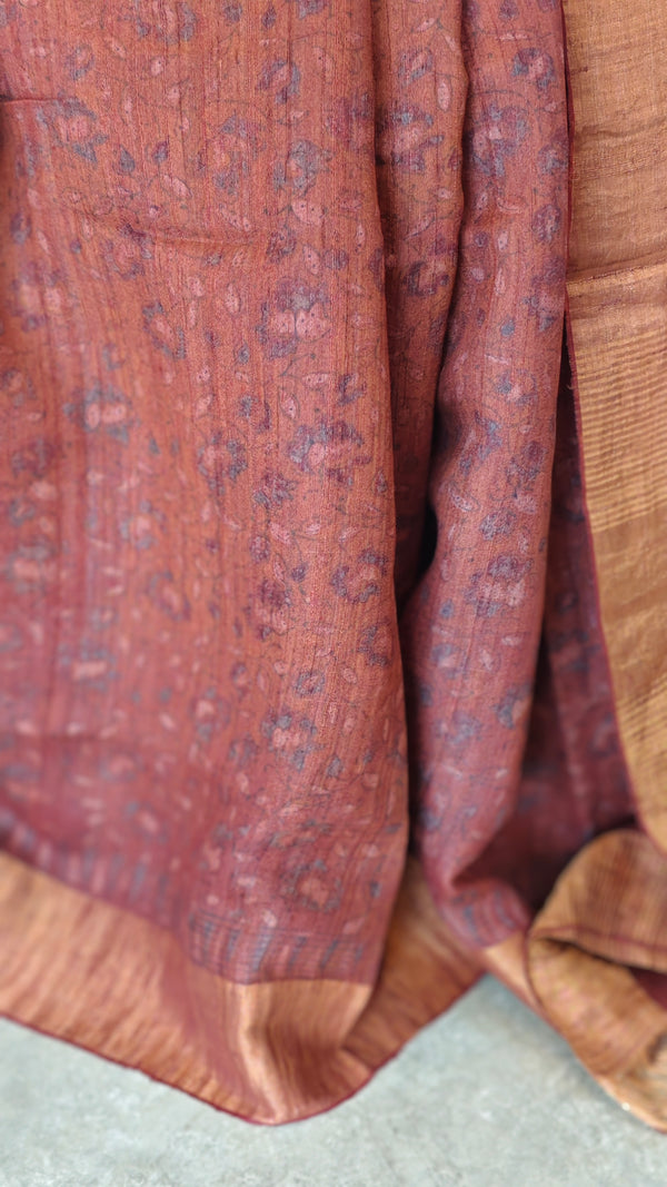 Rust shade ajrakh printed tussar silk saree - SB01