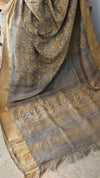 Mustard and grey ajrakh printed tussar silk saree - SB01