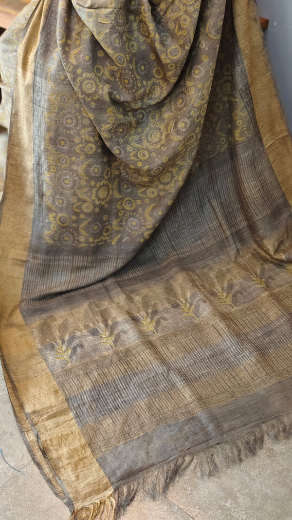Mustard and grey ajrakh printed tussar silk saree - SB01