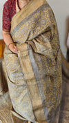 Mustard and grey ajrakh printed tussar silk saree - SB01