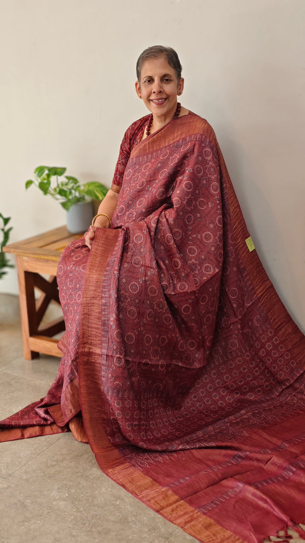 Rosewood pink ajrakh printed tussar silk saree - SB01