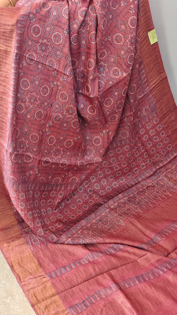 Rosewood pink ajrakh printed tussar silk saree - SB01