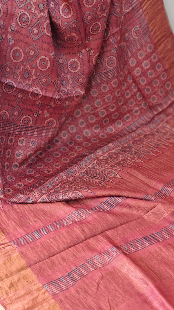 Rosewood pink ajrakh printed tussar silk saree - SB01