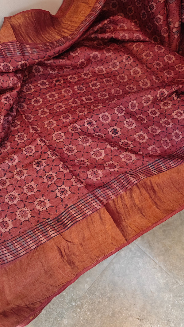 Rosewood pink ajrakh printed tussar silk saree - SB01