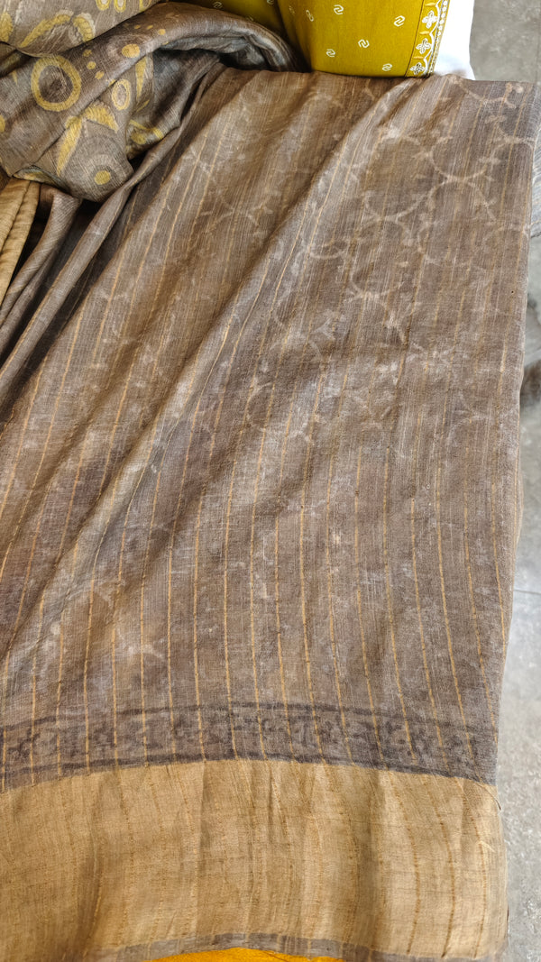 Mustard and grey ajrakh printed tussar silk saree - SB01