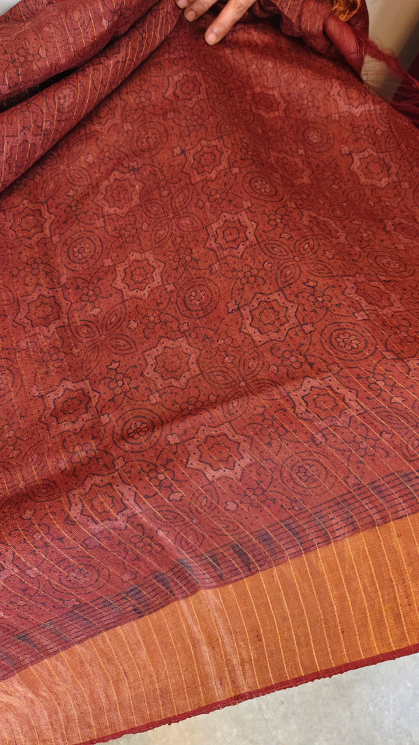 Rust shade ajrakh printed tussar silk saree - SB01