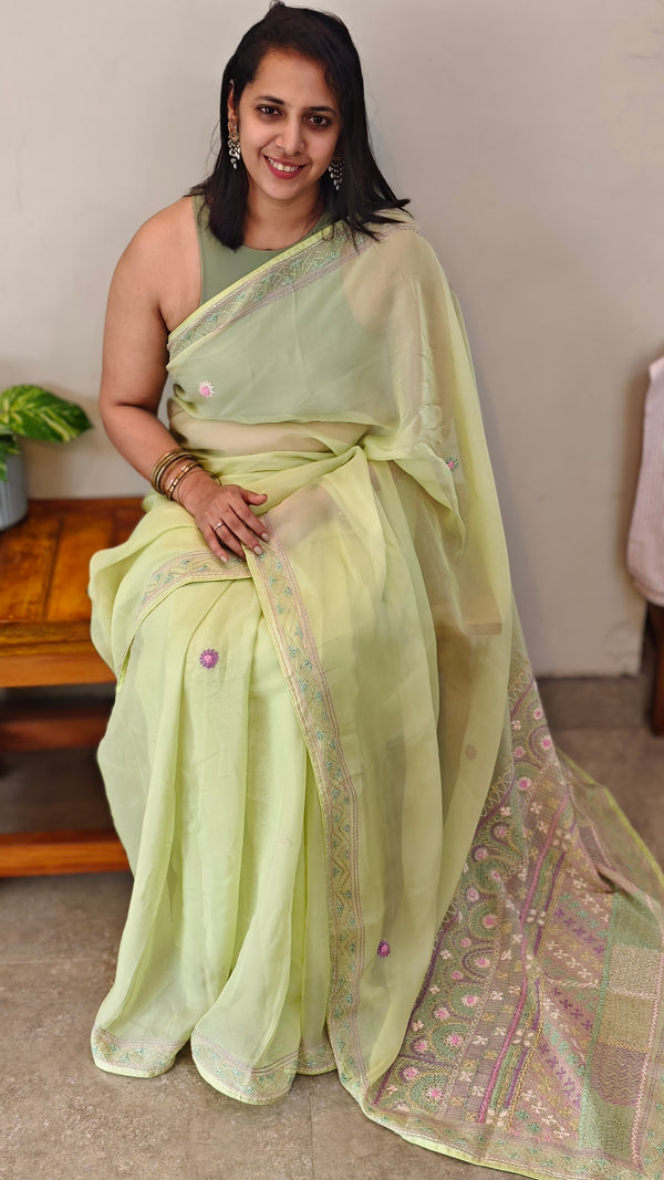 Lime green chikankari Organza saree - 1866