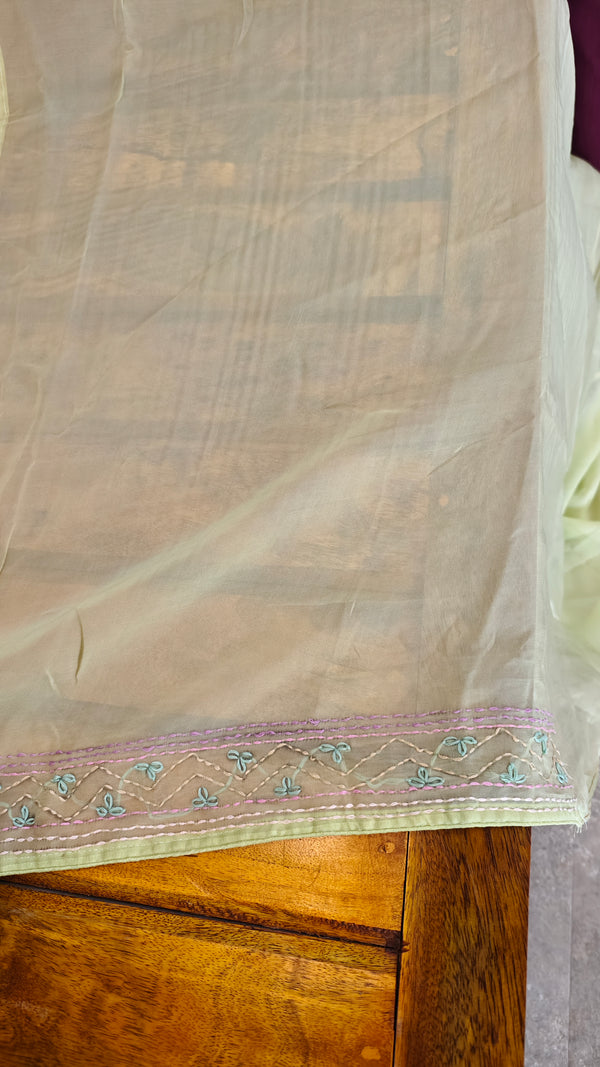Lime green chikankari Organza saree - 1866
