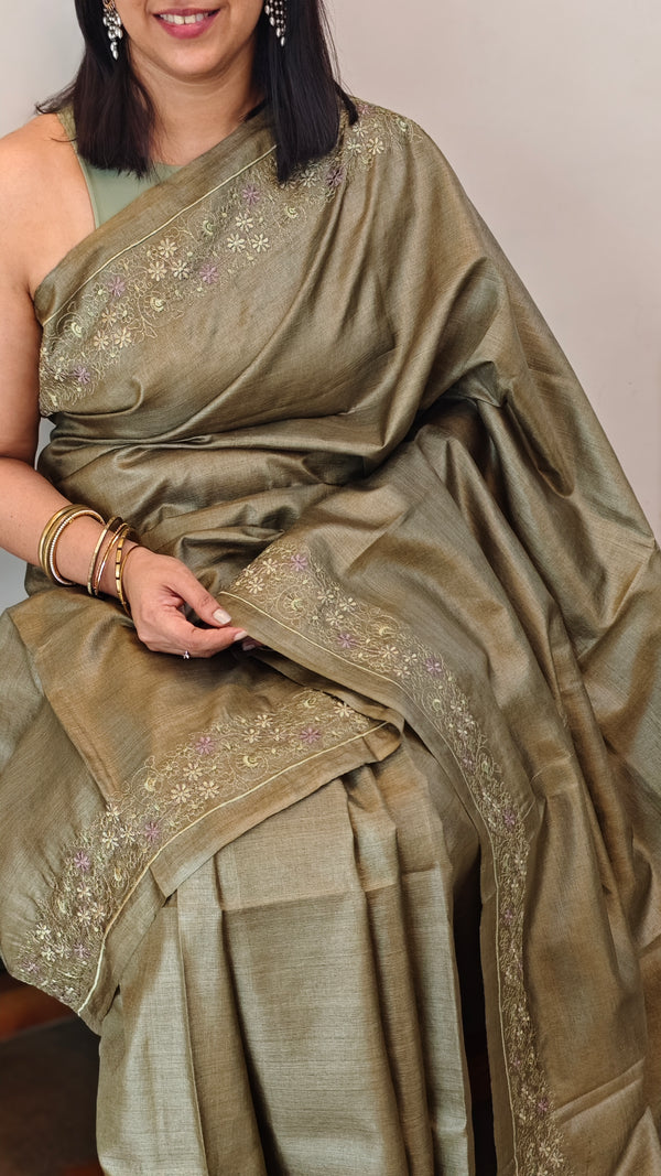 Olive Green tussar silk saree