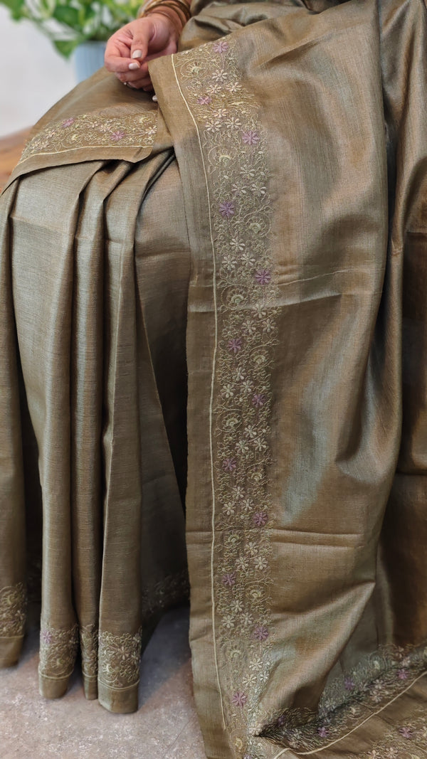 Olive Green tussar silk saree