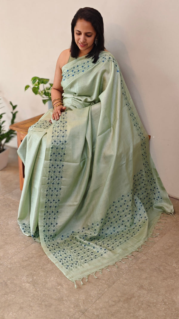 Teal green and blue Tussar silk saree