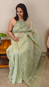Sage green applique embroidered organza saree - ED971