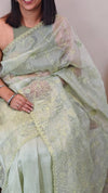 Sage green applique embroidered organza saree - ED971