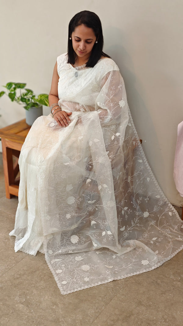 Milky white applique embroidered organza saree - ED971