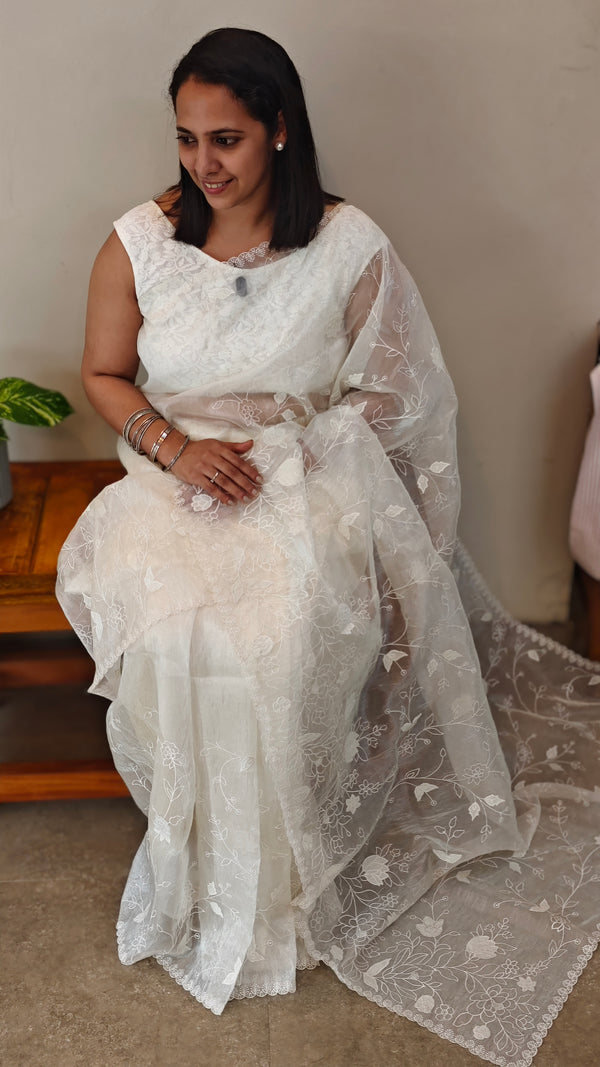 Milky white applique embroidered organza saree - ED971