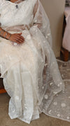 Milky white applique embroidered organza saree - ED971