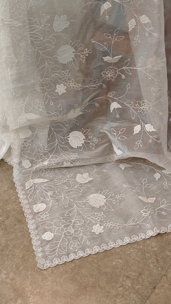 Milky white applique embroidered organza saree - ED971