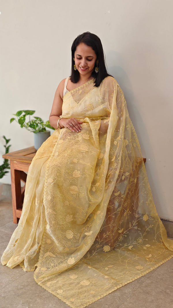 Canary yellow applique embroidered organza saree - ED971