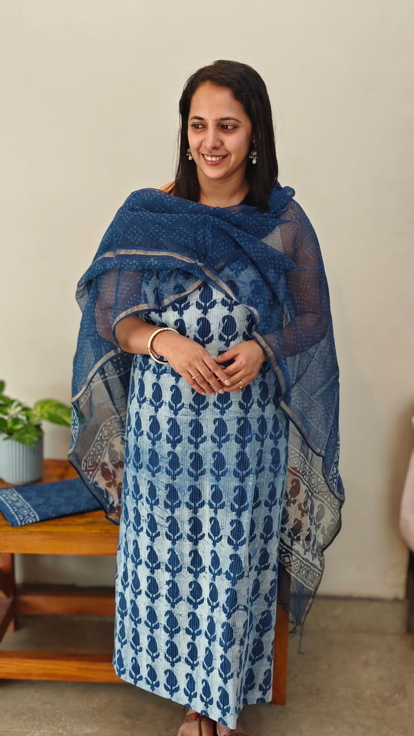 Indigo cotton suit with kota doria dupatta